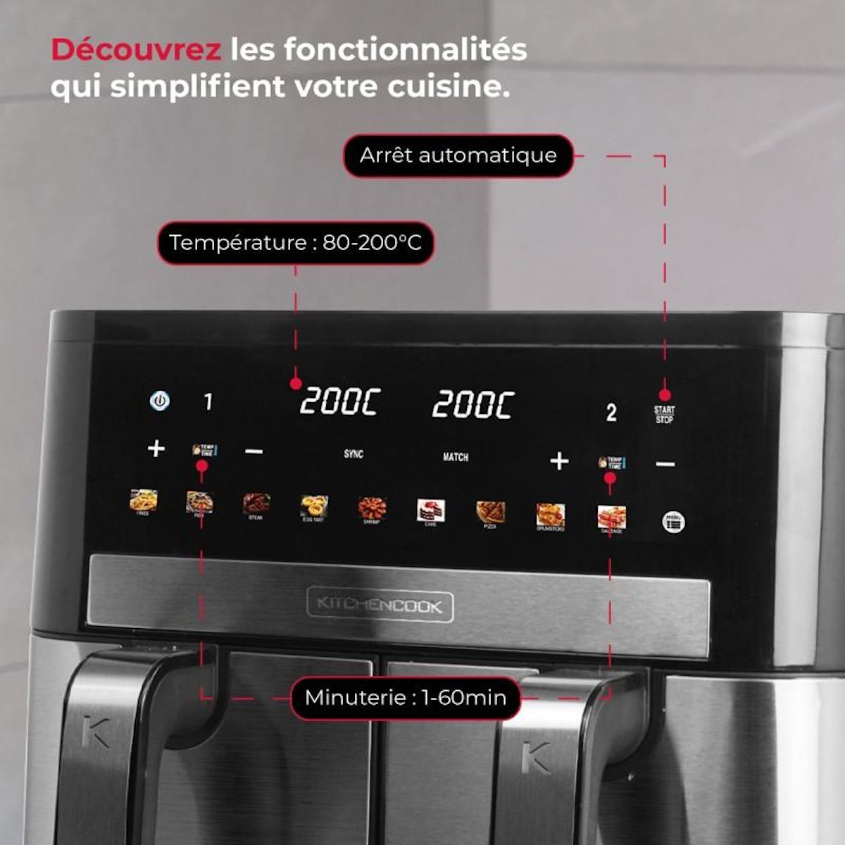 KITCHENCOOK Airscreen - Airscreen11 - Double Friteuse à Air 11l - 9 Programmes - Minuterie Numérique - 2200w