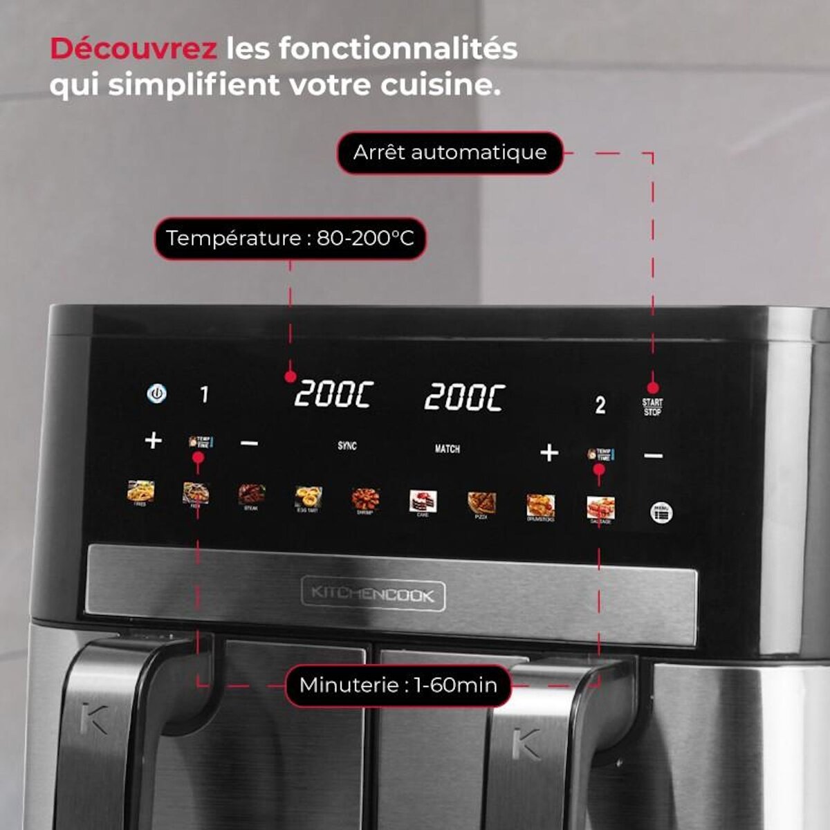 KITCHENCOOK Airscreen - Airscreen11 - Double Friteuse à Air 11l - 9 Programmes - Minuterie Numérique - 2200w