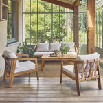 SWEEEK Salon de jardin 5 places bois d'acacia LOBERIA avec lanières effet cuir. Coloris disponibles : Gris, Vert, Beige