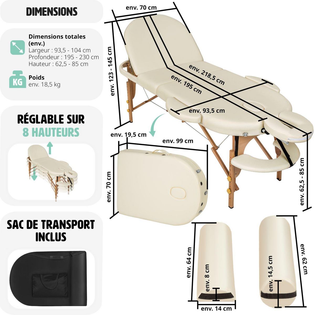 tectake Table de massage portable pliante à 3 zones confortable Largeur 70 cm et rembourrage 5 cm beige