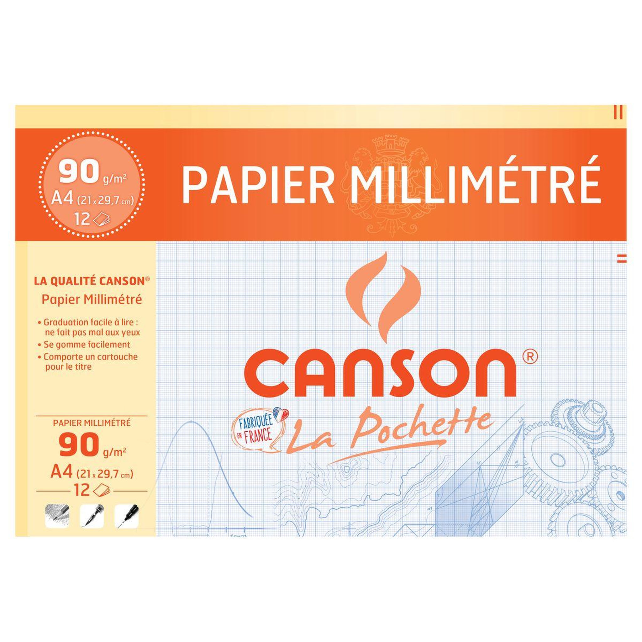 CANSON Pochette papier millimétré 12 feuilles A4 90g/m2 bleu