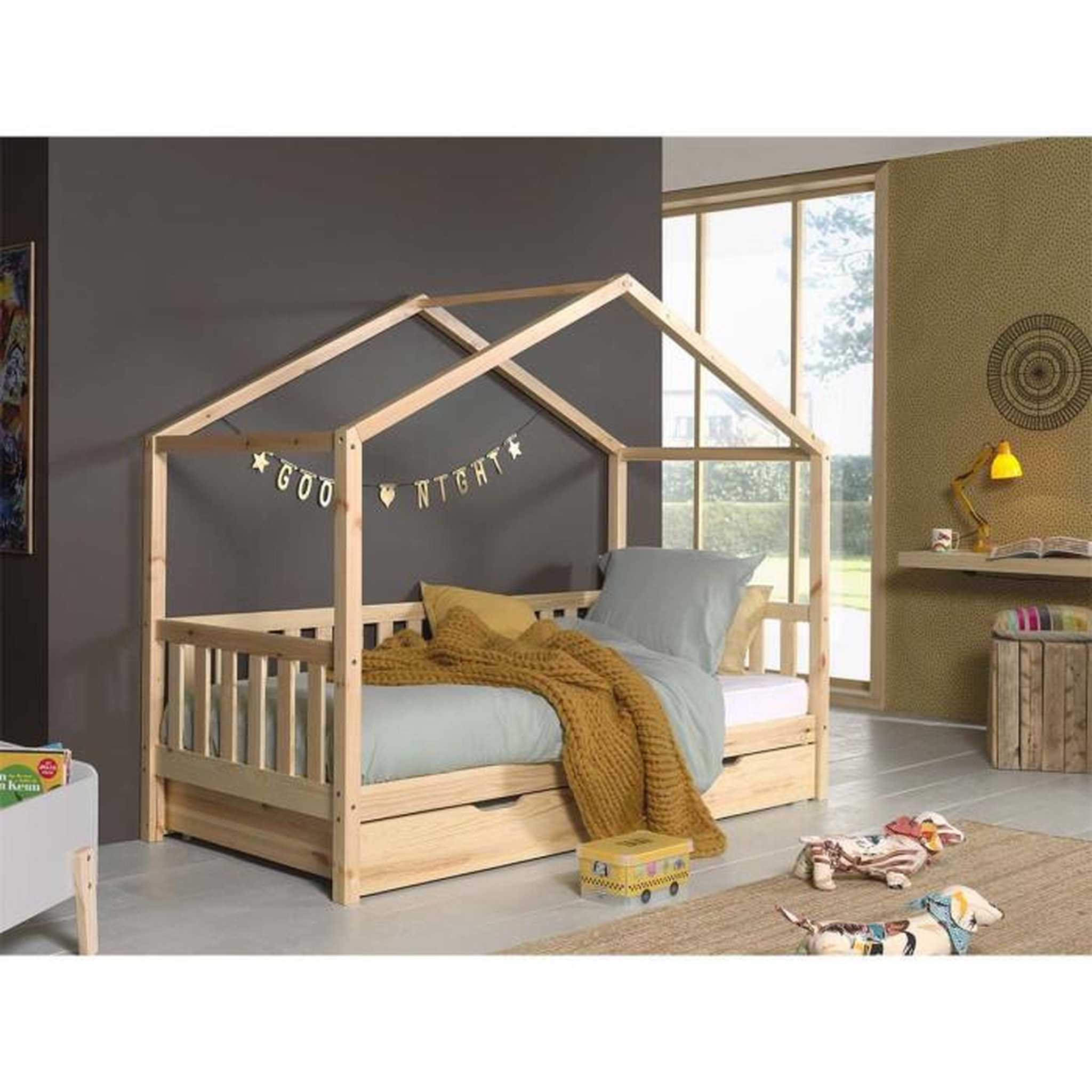 Paris Prix Pack - Lit Enfant, Barrière & Tiroir  Dallas II  90x200cm Naturel