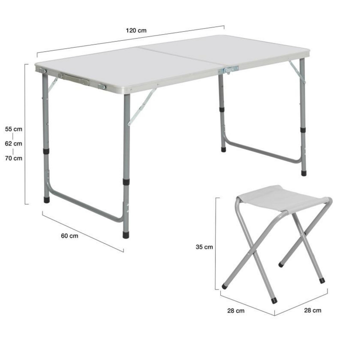 ID MARKET Table de camping pliante réglable en hauteur 120 cm et 4 tabourets blanc