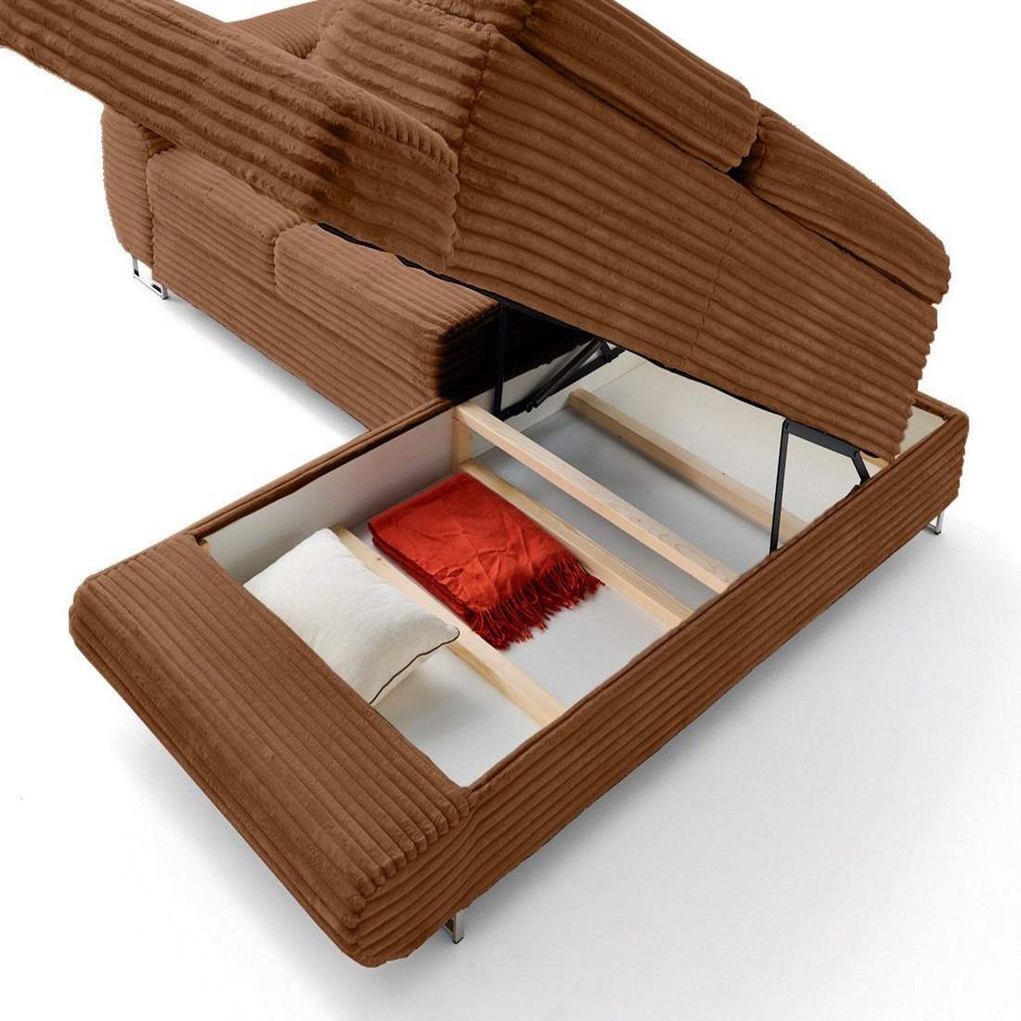 Voir la diapositive 6 : LISA DESIGN Zaria - canapé d'angle droit 5 places convertible avec coffre et têtières en velours côtelé grosses côtes