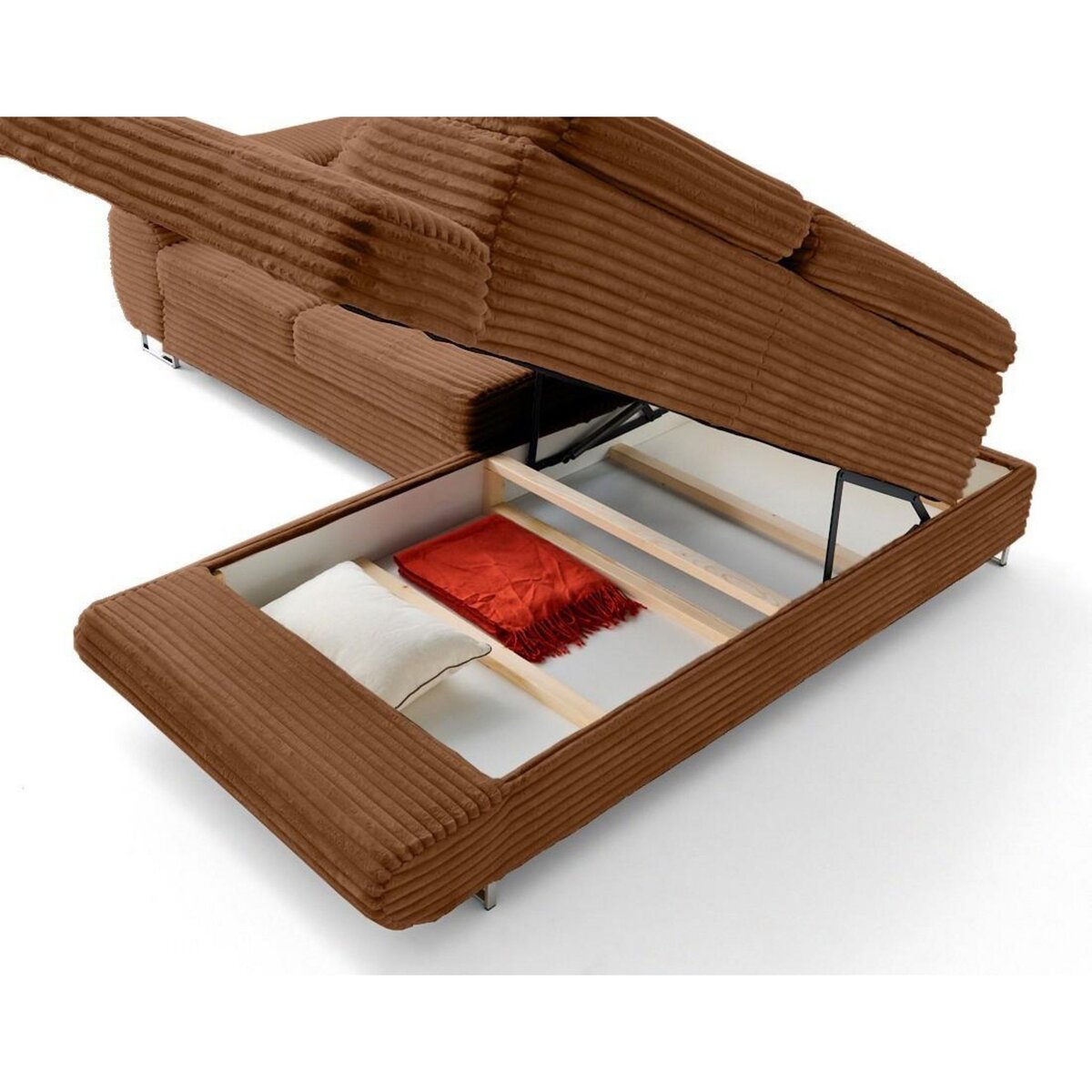 LISA DESIGN Zaria - canapé d'angle droit 5 places convertible avec coffre et têtières en velours côtelé grosses côtes