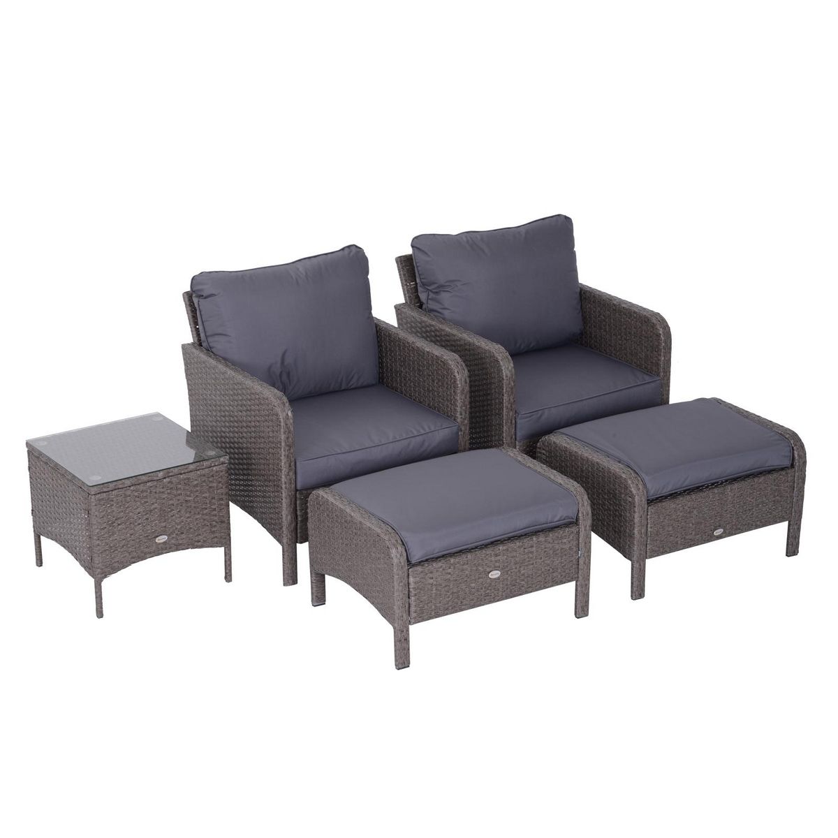 OUTSUNNY Outsunny Lot de 2 fauteuils de jardin grand confort repose-pied table basse résine tressée imitation rotin coussins gris