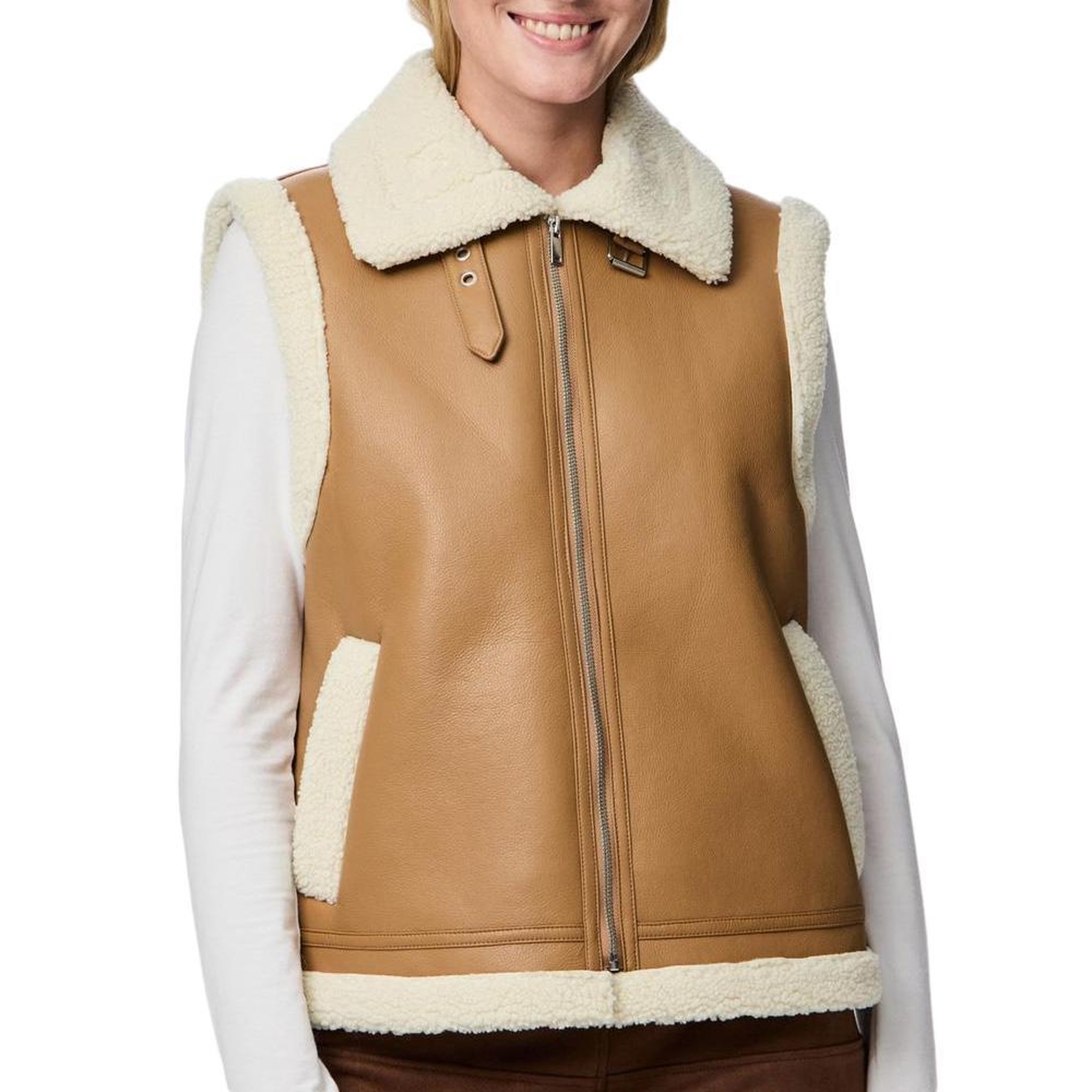 Voir la diapositive 1 : Pieces Veste Bombardier Sans Manches Camel Femme Pieces Janelle Teddy