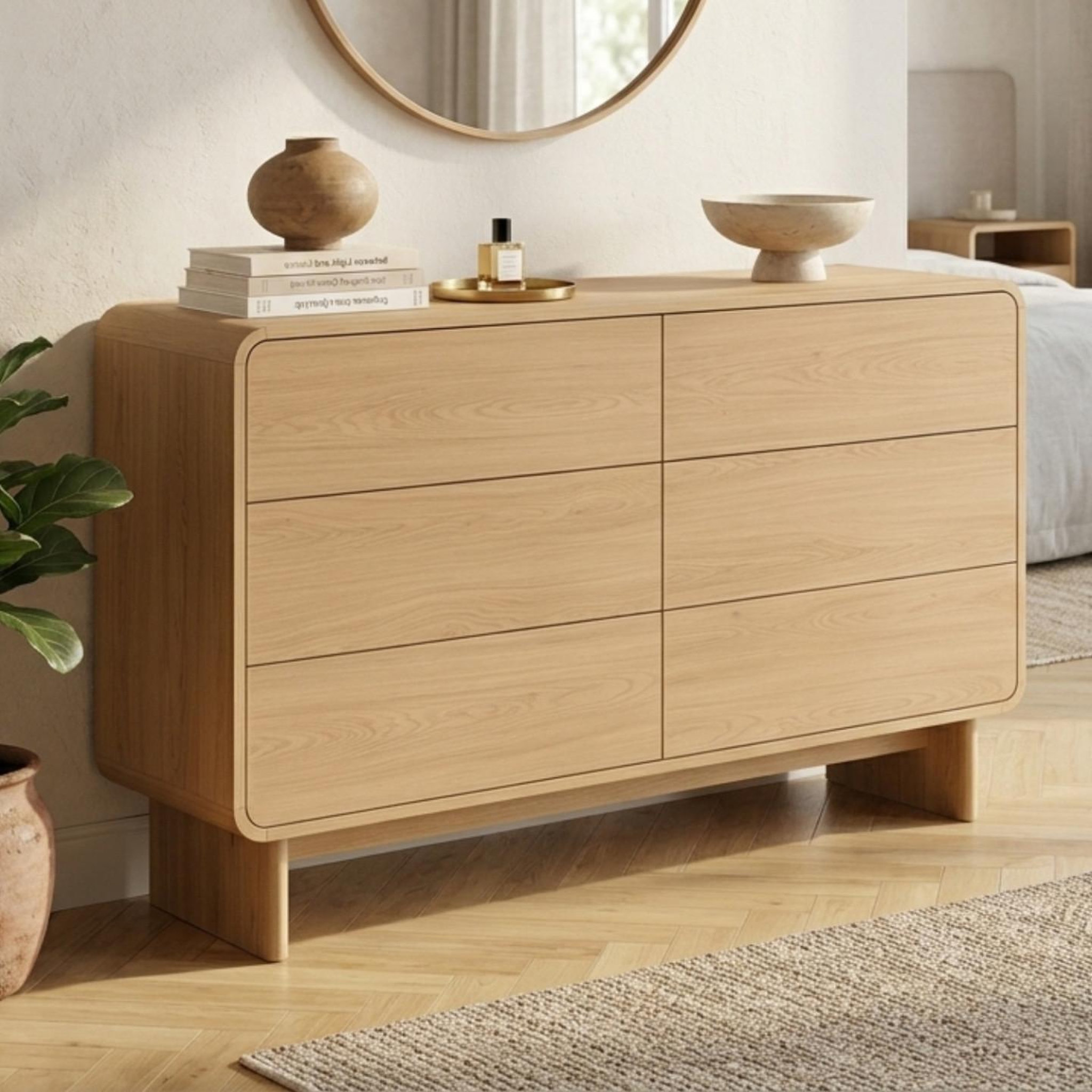 Voir la diapositive 2 : ID MARKET Commode 6 tiroirs capucine 115 cm façon hêtre design arrondi