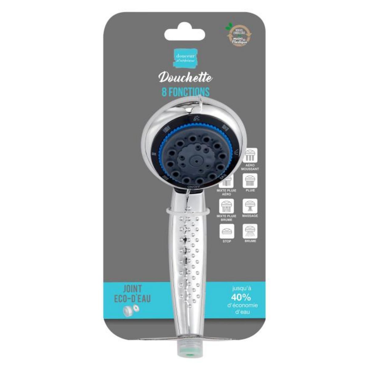 Paris Prix Douchette 8 Fonctions  Eco-d'Eau  21cm Argent