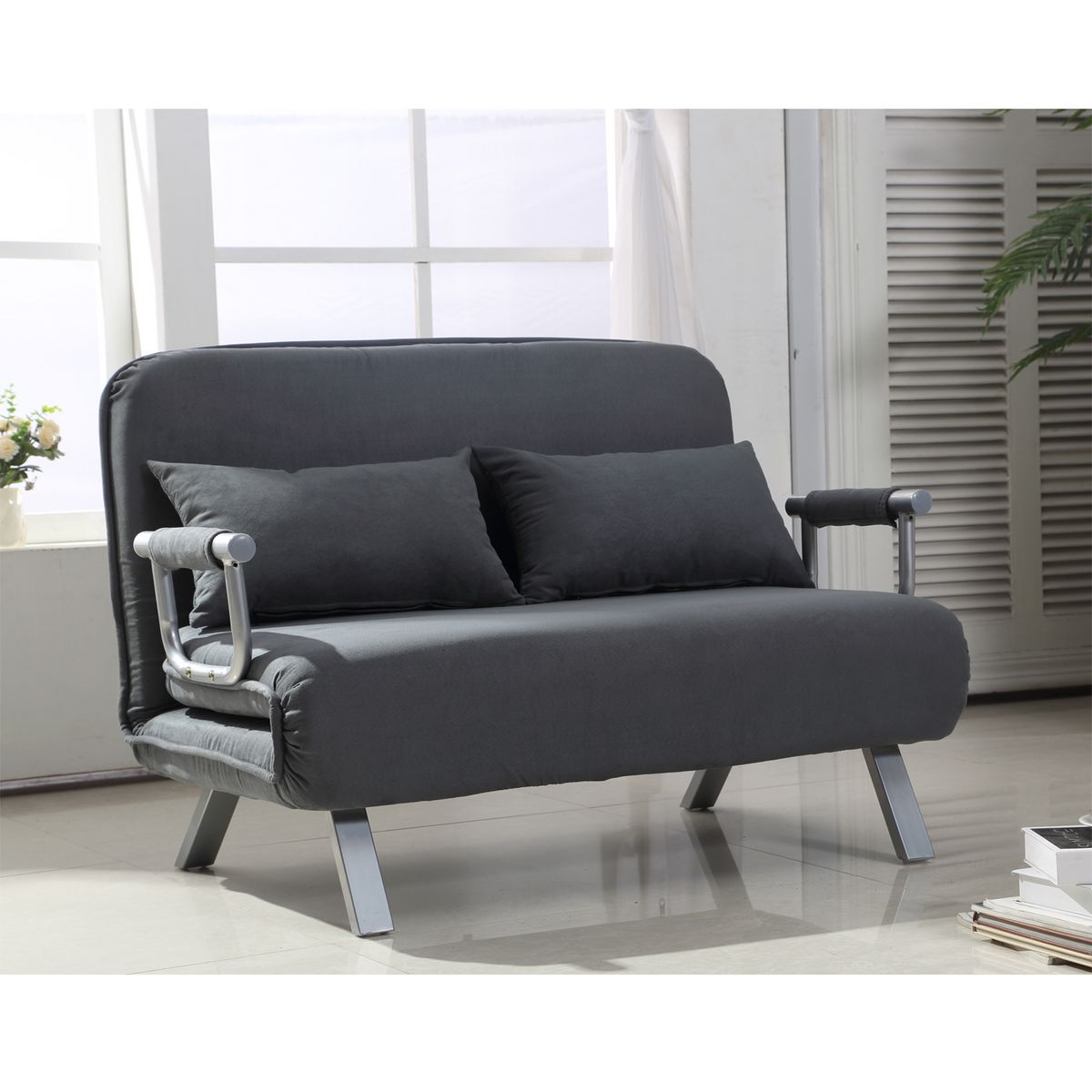 HOMCOM Canapé-lit canapé convertible 2 places déhoussable grand confort 2 coussins fournis pieds accoudoirs métal suède gris foncé