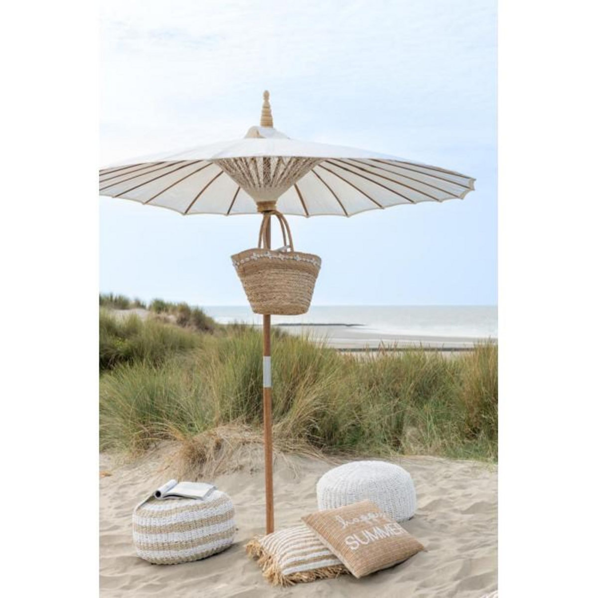 Paris Prix Pouf Rond à Rayure  Tissage  50cm Blanc & Naturel