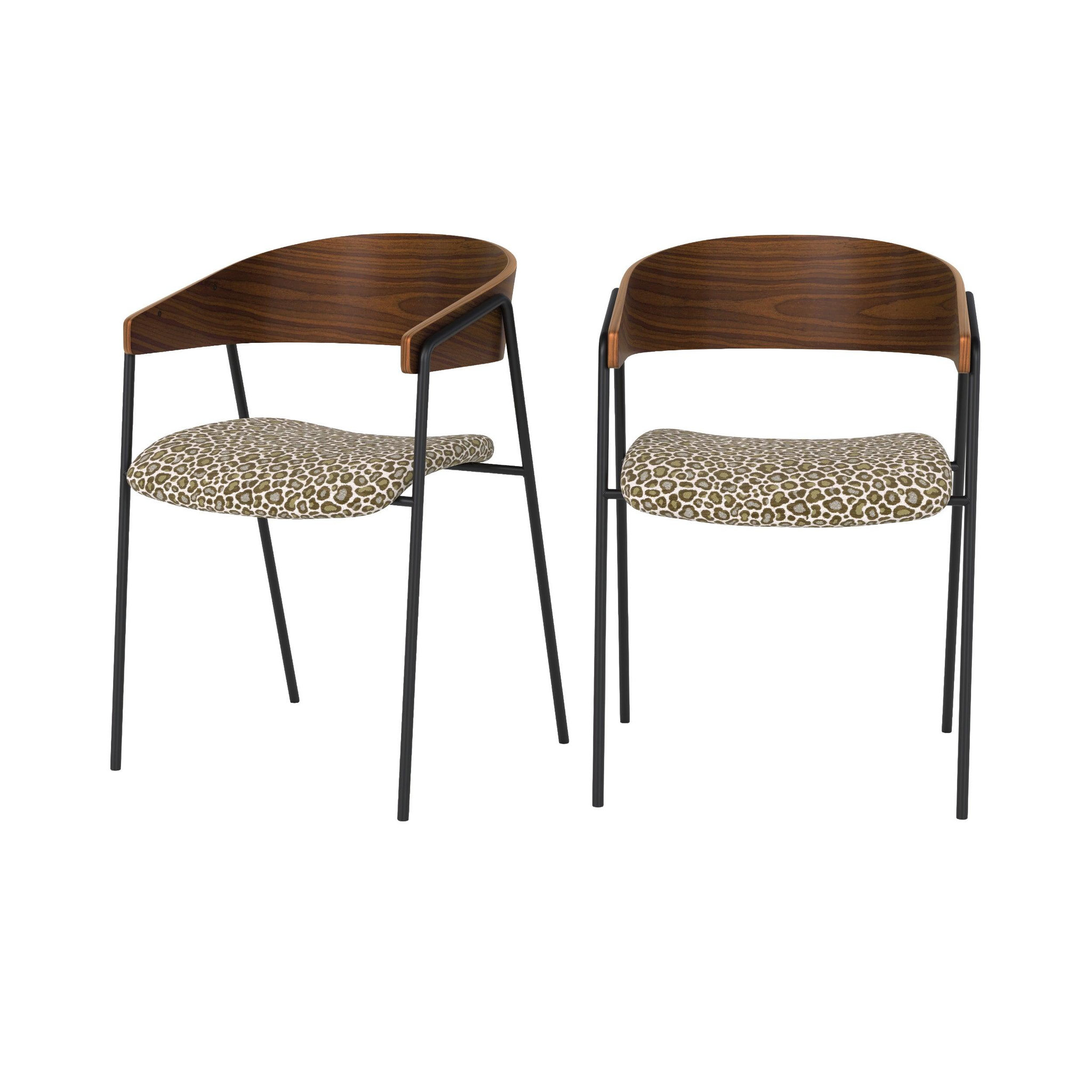 MAISON PAVANE Lot de 2 chaises en tissu léopard vert kaki et bois de noyer-Esmée