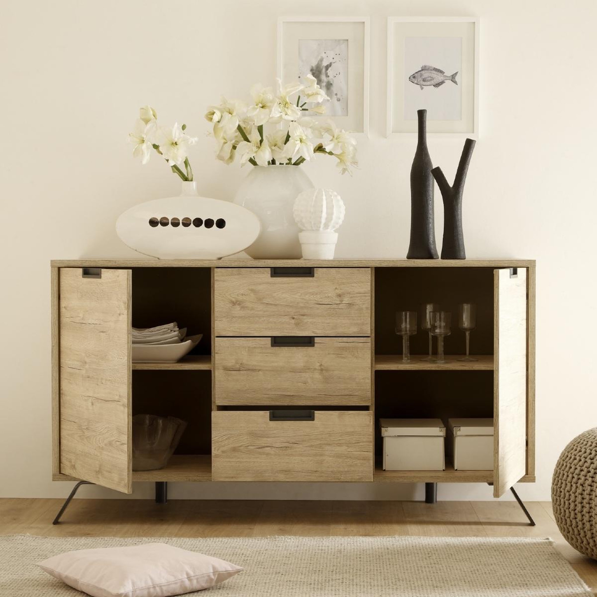 Voir la diapositive 3 : JLC KREATION Buffet moderne en bois 2 portes-3 tiroirs 160cm DIANA