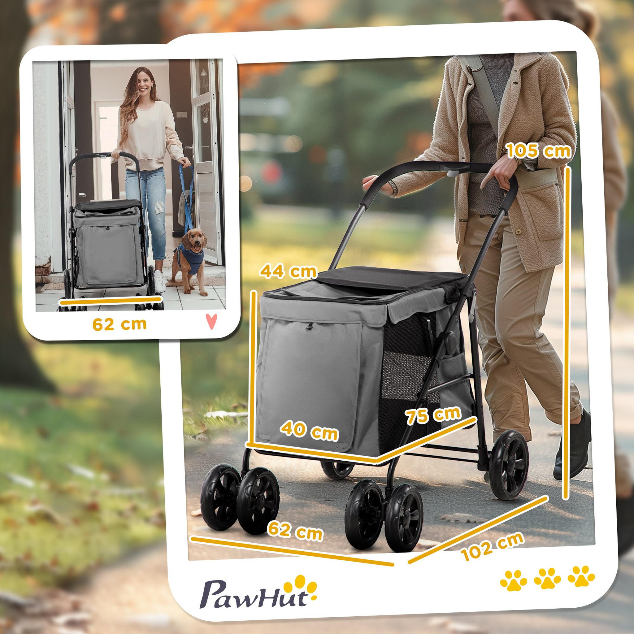 Voir la diapositive 5 : PAWHUT Poussette pliable pour chien chat 4 roues 3 pochettes rangement coussin acier oxford gris