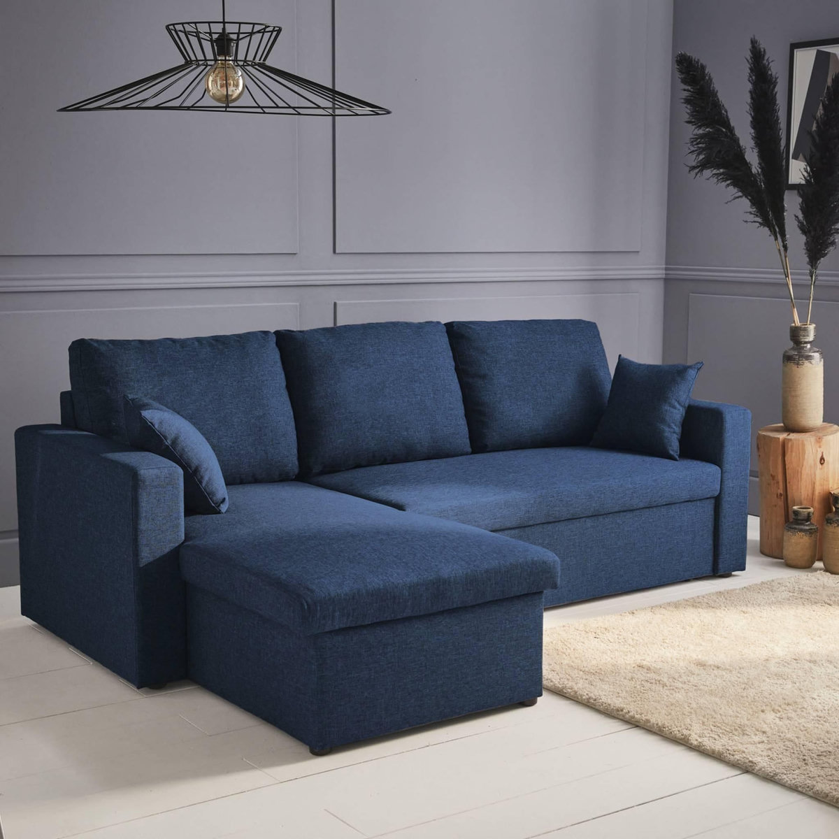 SWEEEK Canapé d'angle convertible en tissu bleu - IDA - 3 places. fauteuil d'angle réversible coffre rangement lit modulable