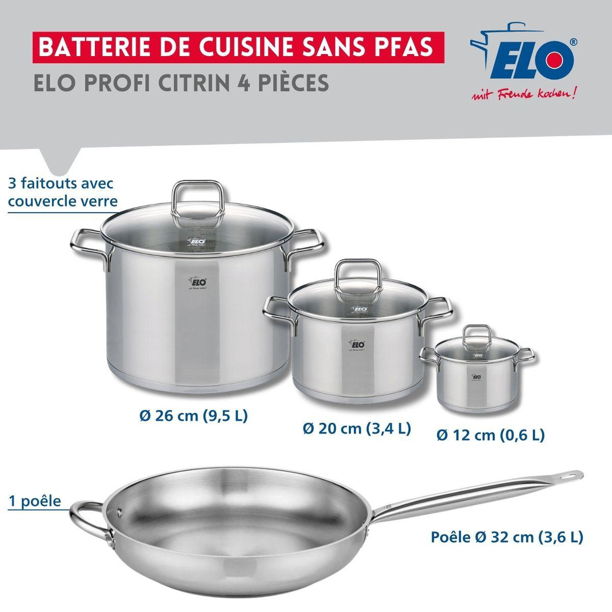 Voir la diapositive 2 : ELO Set de 1 poêle de cuisson 32 cm et 3 faitouts 12, 20 et 26 cm elo profi citrin