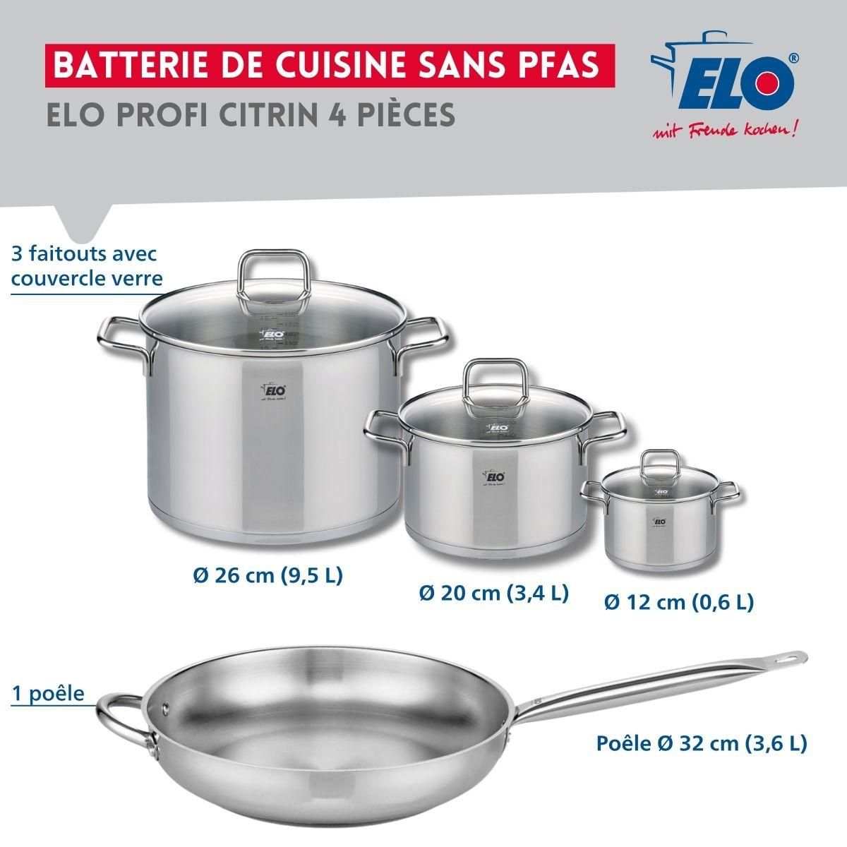 ELO Set de 1 Poêle de cuisson 32 cm et 3 faitouts 12, 20 et 26 cm Elo Profi Citrin