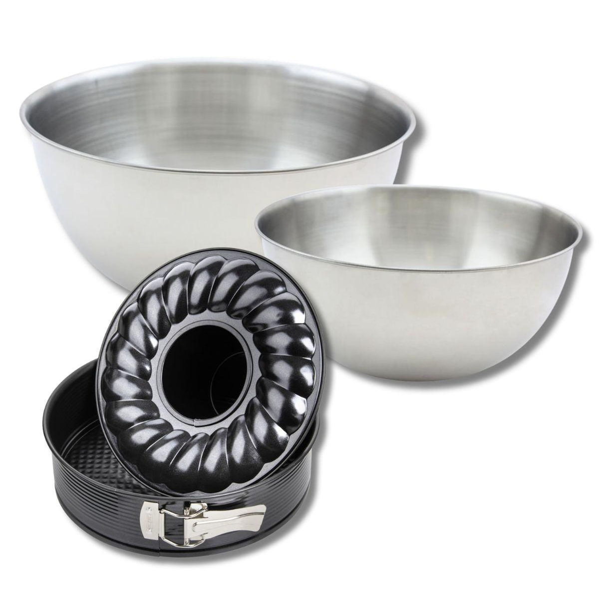 ZENKER Lot comprenant 1 Moule à manqué et à savarin 24 cm, 1 spatule Zenker et 2 bols à mixer en inox Fackelmann