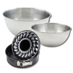 ZENKER Lot comprenant 1 Moule à manqué et à savarin 24 cm, 1 spatule Zenker et 2 bols à mixer en inox Fackelmann