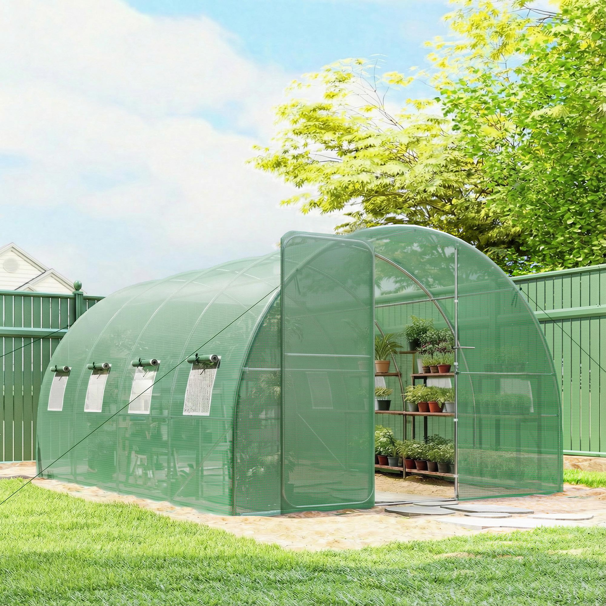 Voir la diapositive 2 : OUTSUNNY Serre tunnel de jardin - 12m², 295x400x200cm - porte et 8 fenêtres - bâche pe haute densité 140 g/m² - pour extérieur - vert