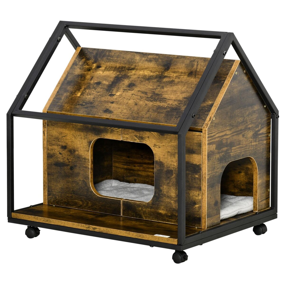 PAWHUT Maison pour chat design industriel - niche chat sur roulettes - grand coussin inclus - double porte et sortie - châssis acier noir aspect bois vieilli