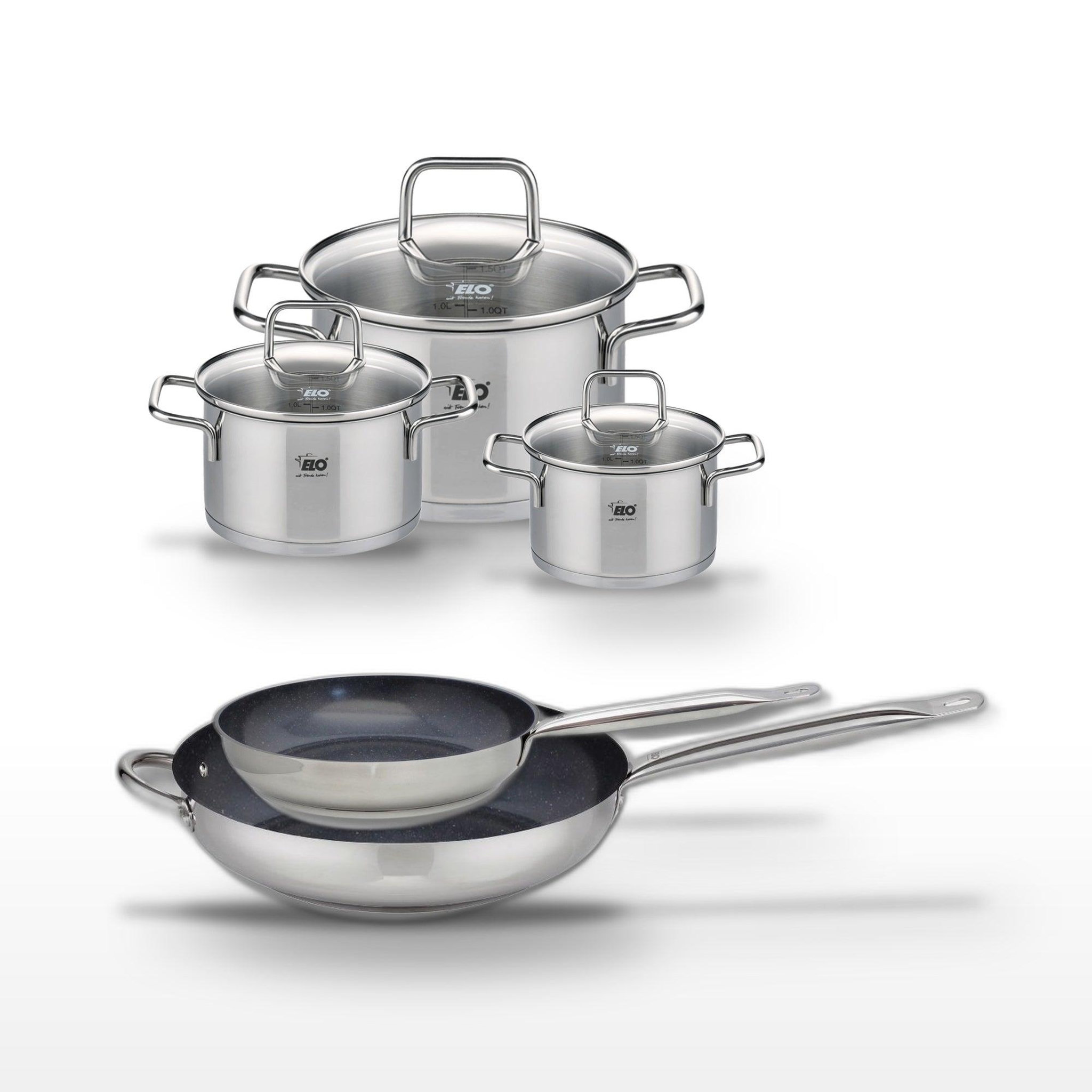ELO Lot poêles 24cm & 32cm elo profi therm platinum avec 3 faitouts elo citrin