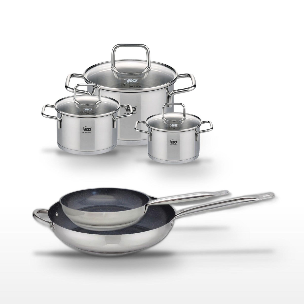 ELO Lot Poêles 24cm & 32cm Elo Profi Therm Platinum avec 3 Faitouts Elo Citrin