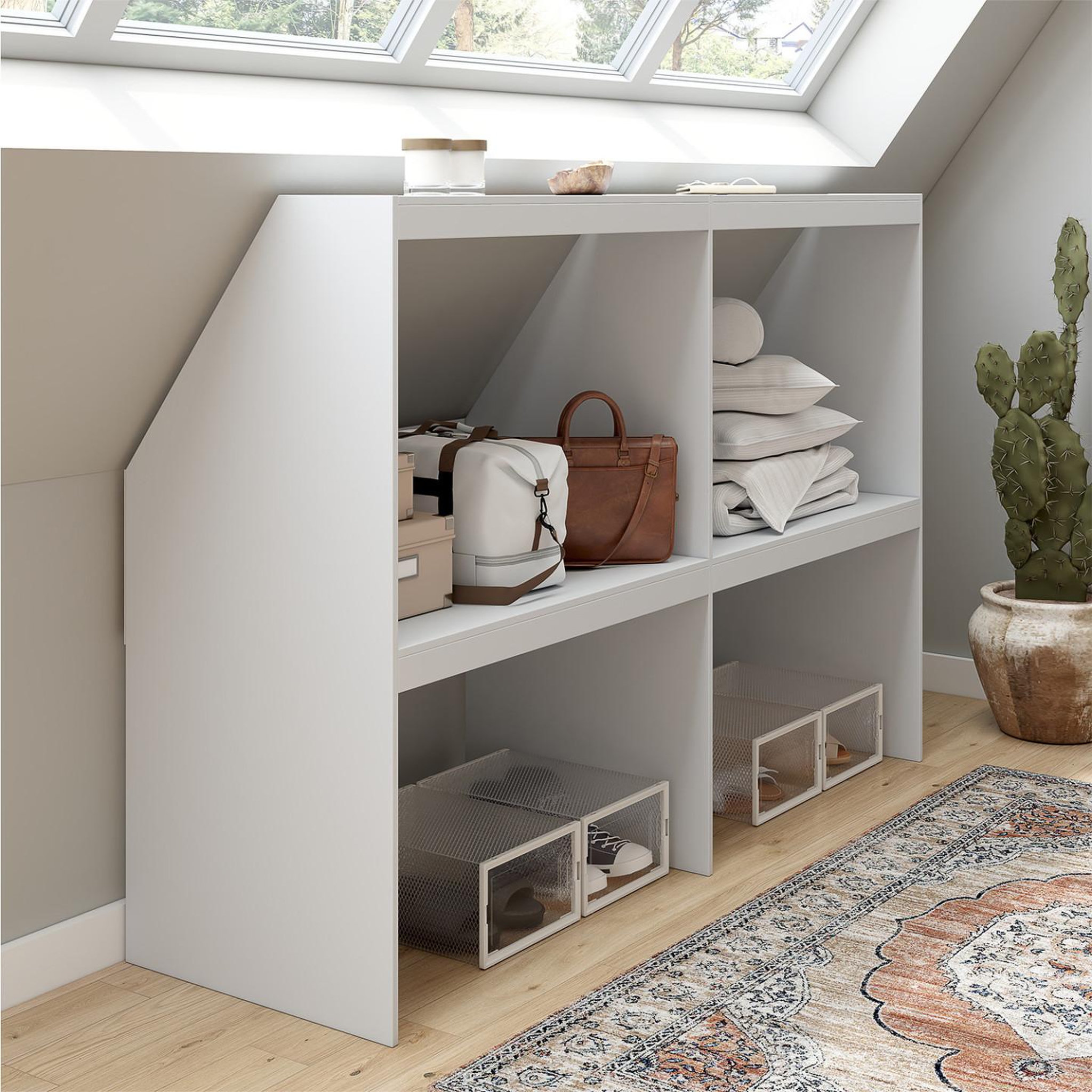 Voir la diapositive 2 : ID MARKET Etagère sous pente 4 cases tomi 160 x 50 x 110/70 cm blanc