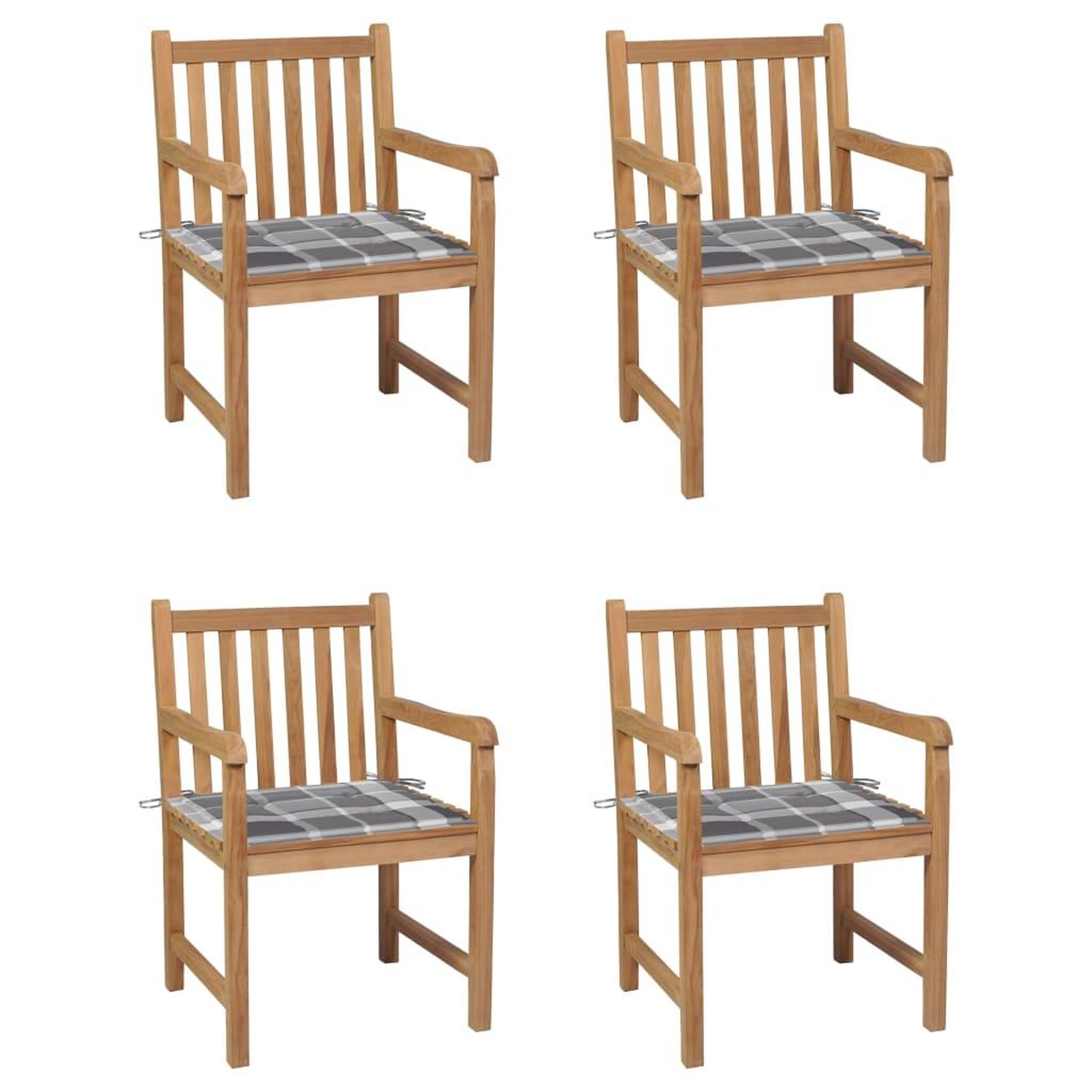 Voir la diapositive 1 : VIDAXL Chaises de jardin lot de 4 coussins a carreaux gris Teck solide