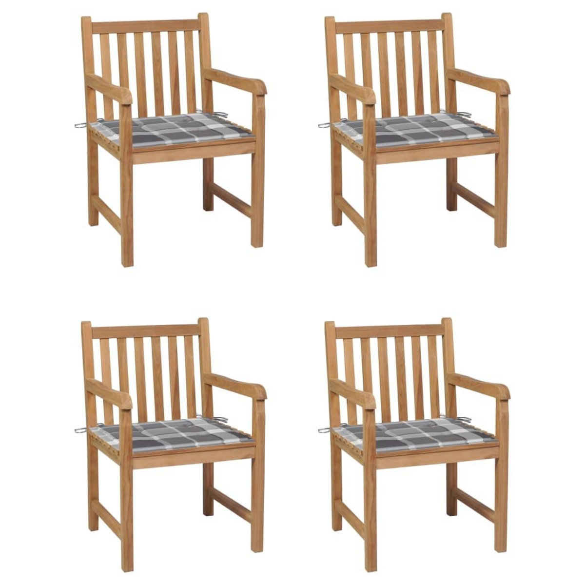 VIDAXL Chaises de jardin lot de 4 coussins a carreaux gris Teck solide