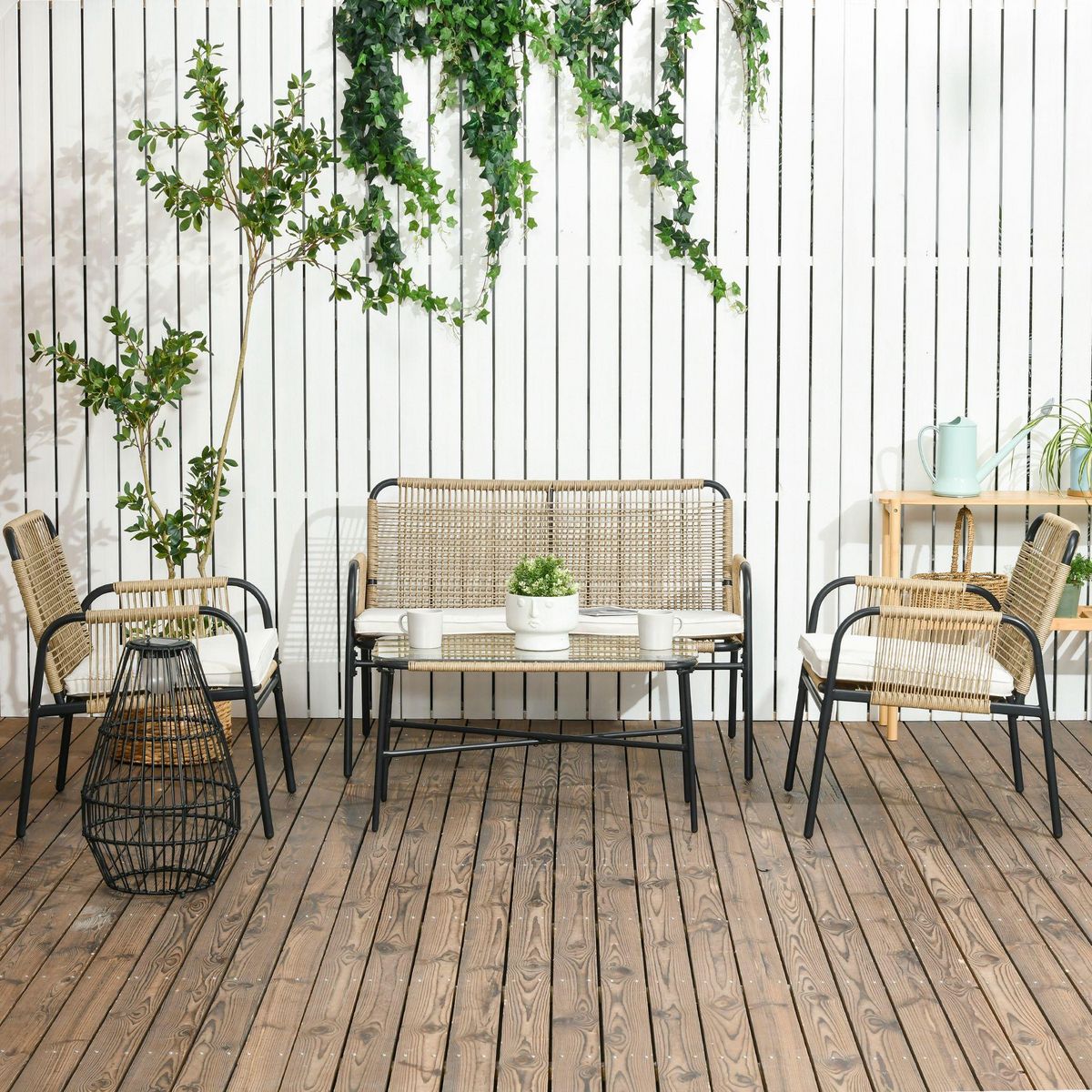 OUTSUNNY Salon de jardin 4 places 4 pièces style colonial table basse coussins crème inclus résine tressée beige