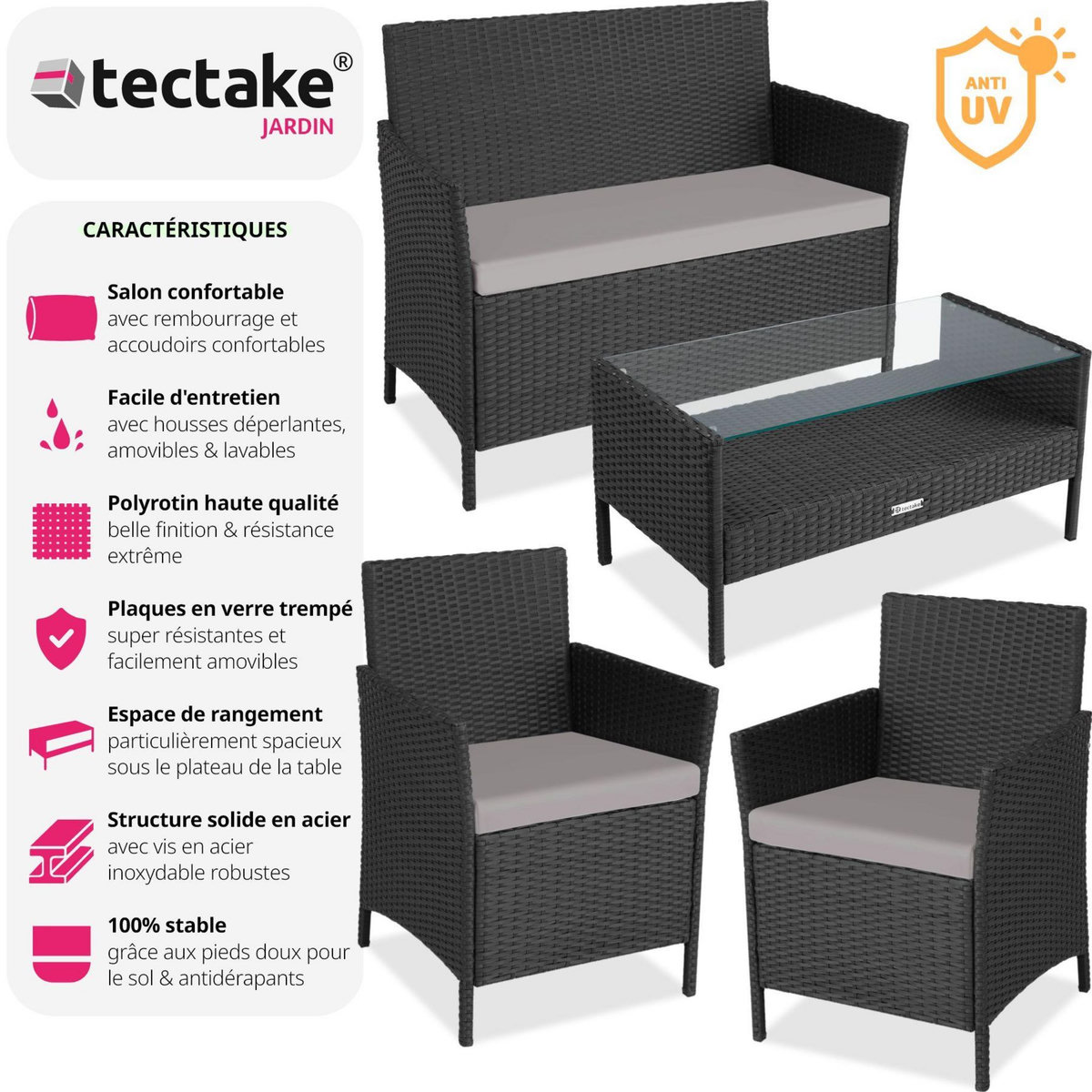 tectake Salon de jardin Pour 4 personnes noir/gris