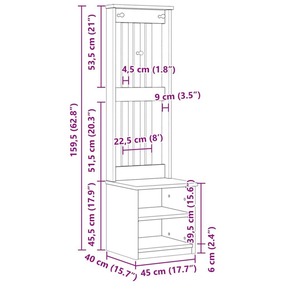 VIDAXL Portemanteau SANDENS blanc 45x40x159,5 cm bois massif pin