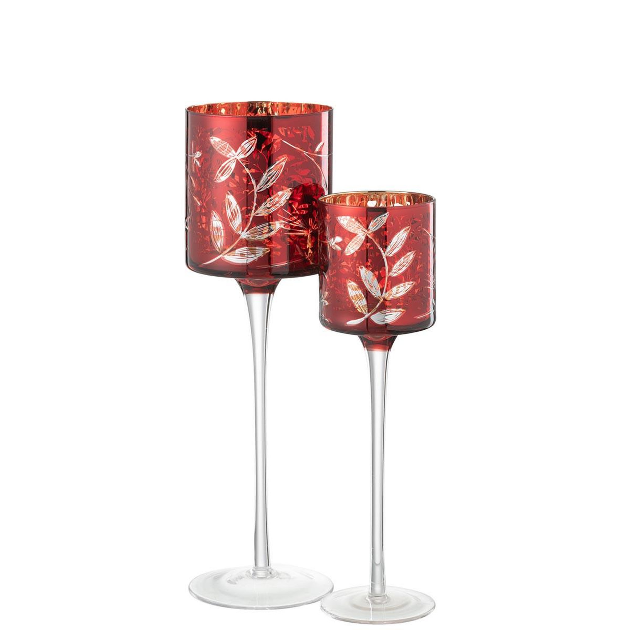 Voir la diapositive 4 : J-LINE Photophore sur Pied en Verre  Feuilles  30cm Rouge