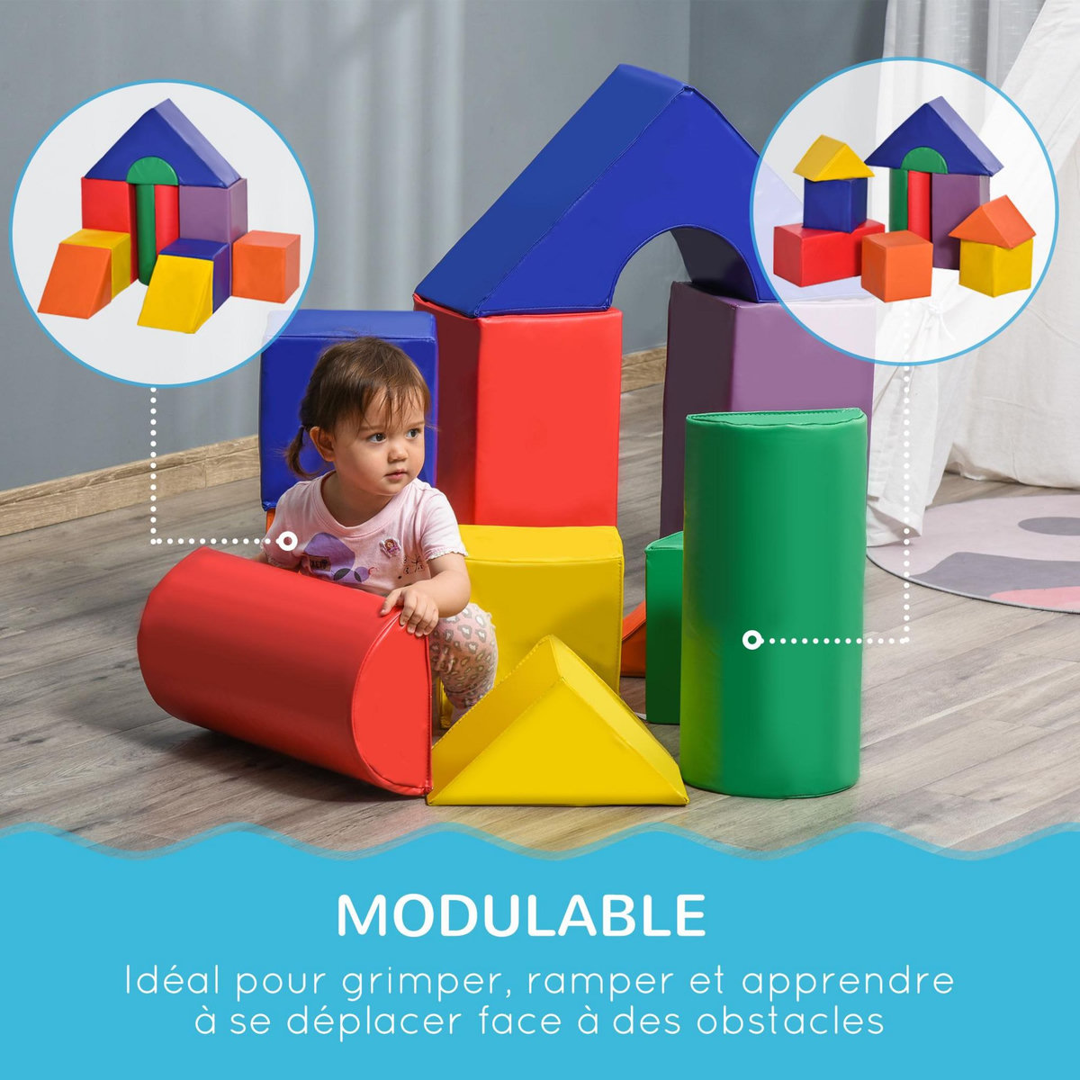 HOMCOM 11 blocs de construction en mousse XXL - modules de motricité - jouets éducatifs - certifiés normes EN71-1-2-3 - mousse EPE revêtement PU multicolore