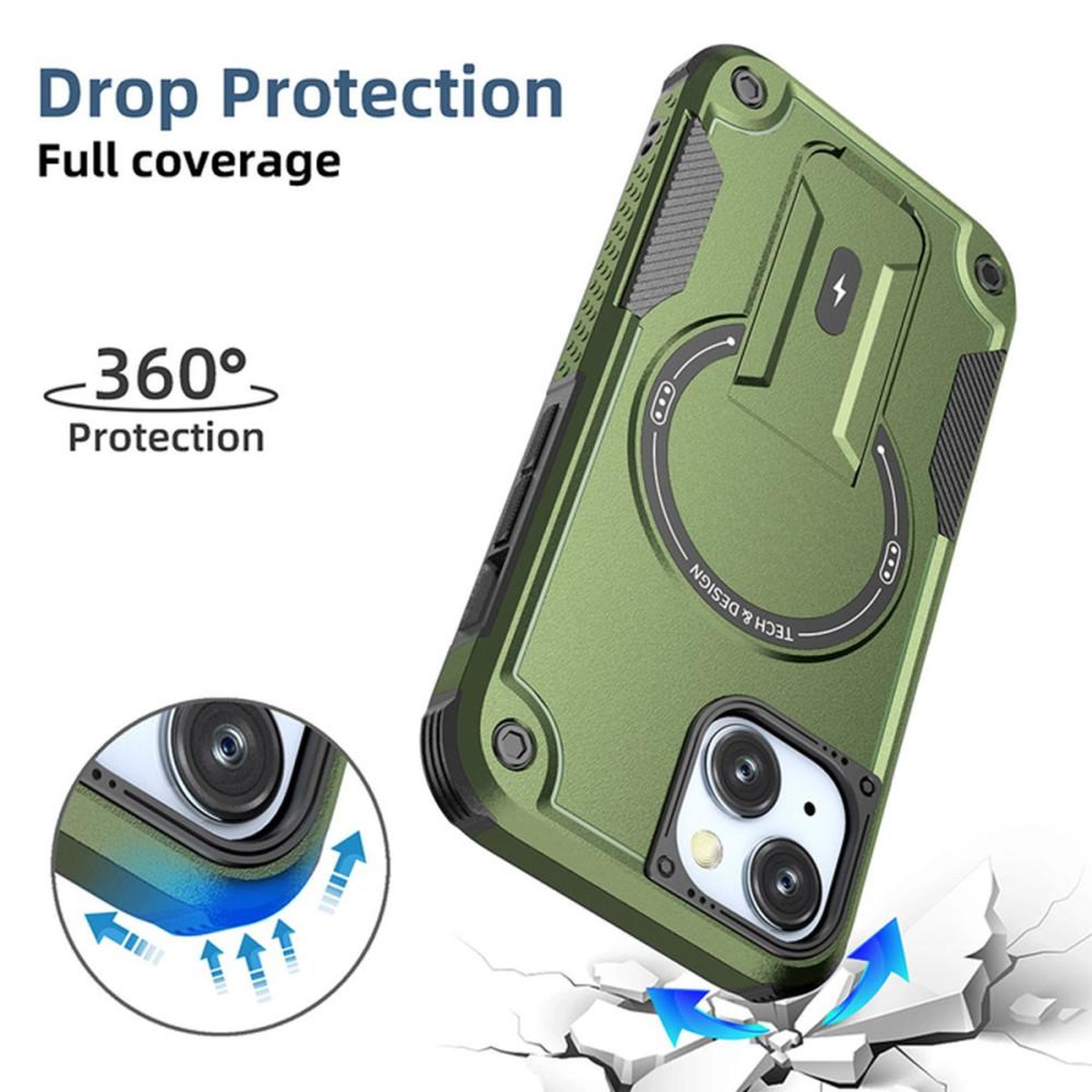 Voir la diapositive 2 : Coque antichoc 360° avec support kickstand MagSafe pour iPhone 15, verte