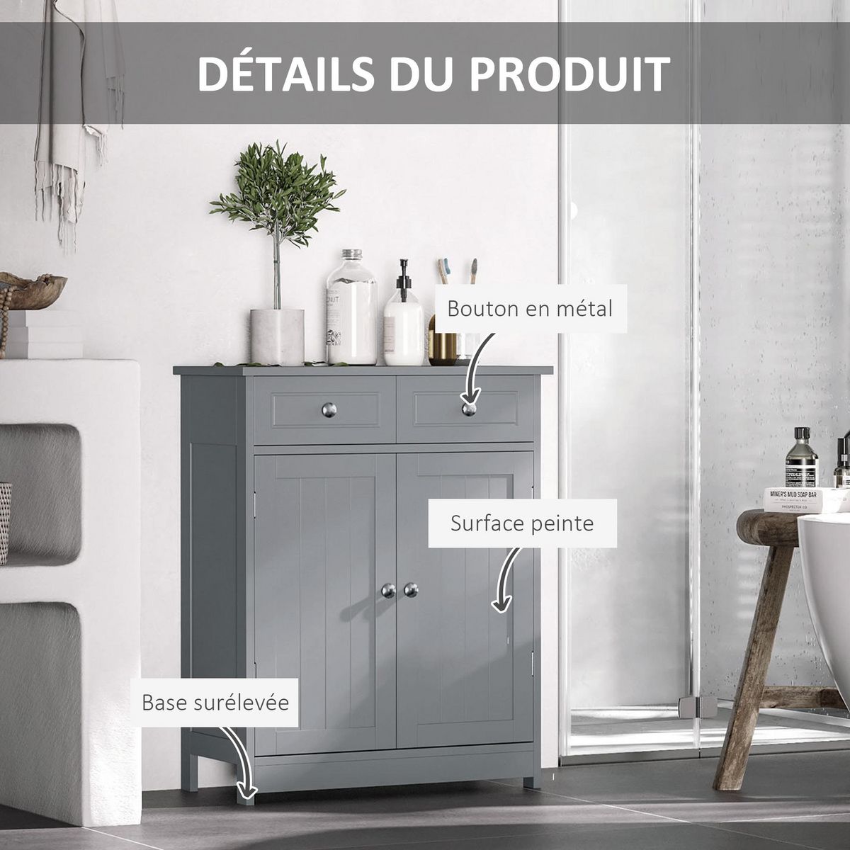 KLEANKIN Meuble bas de salle de bain sur pied 2 portes avec étagère réglable 2 tiroirs poignées boutons métal MDF gris