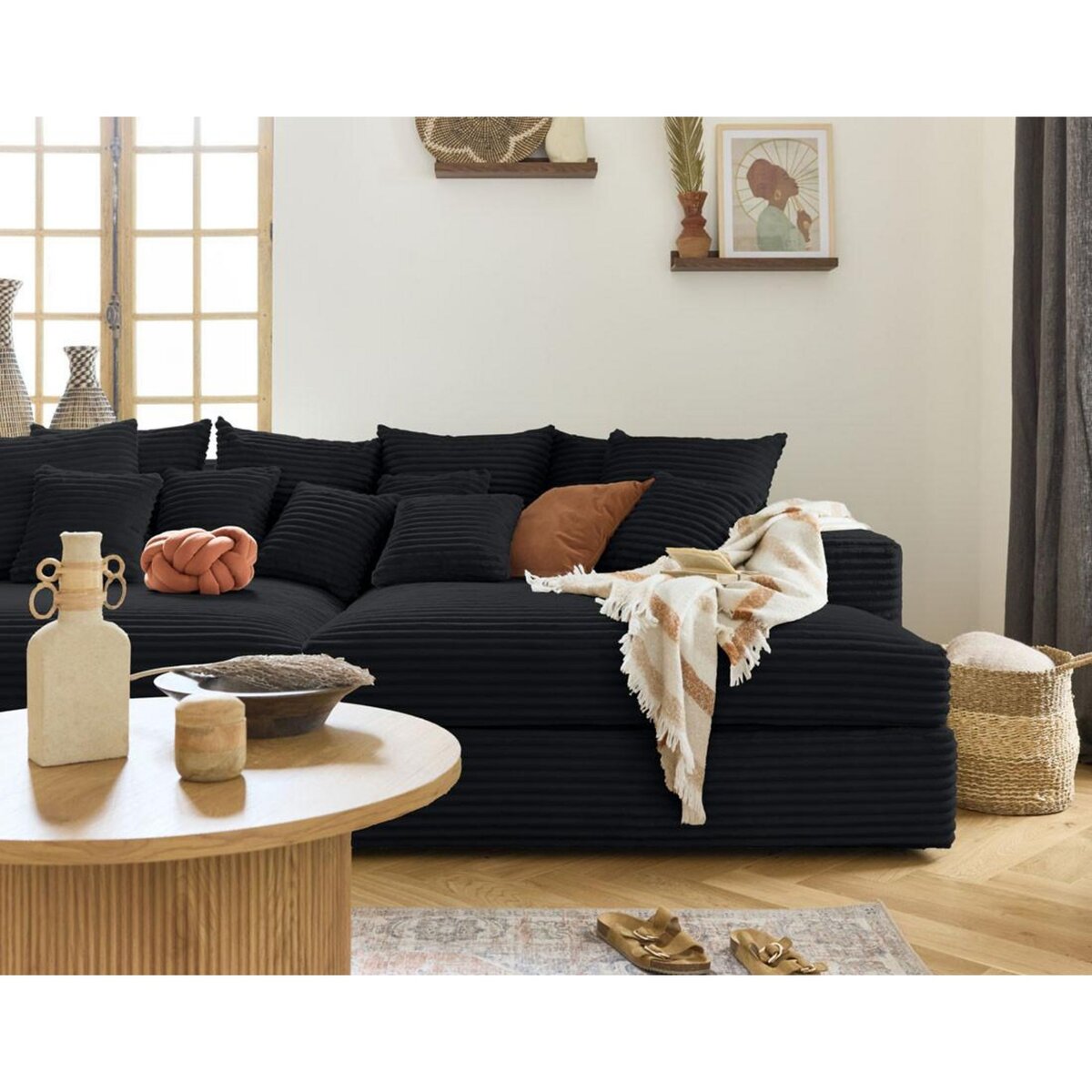 LISA DESIGN Collins - canapé droit 4 places avec double méridienne - assise profonde - velours côtelé grosses côtes