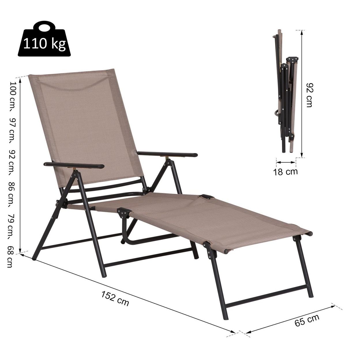 OUTSUNNY Bain de soleil pliable transat inclinable 5 positions chaise longue grand confort avec accoudoirs dim. 152L x 65l x 100H cm métal époxy textilène sable