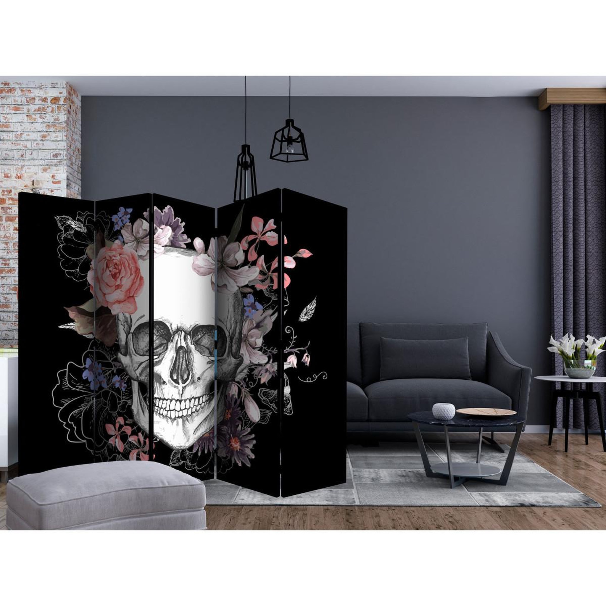Voir la diapositive 2 : Paris Prix Paravent 5 volets  skull & flowers  172x225cm