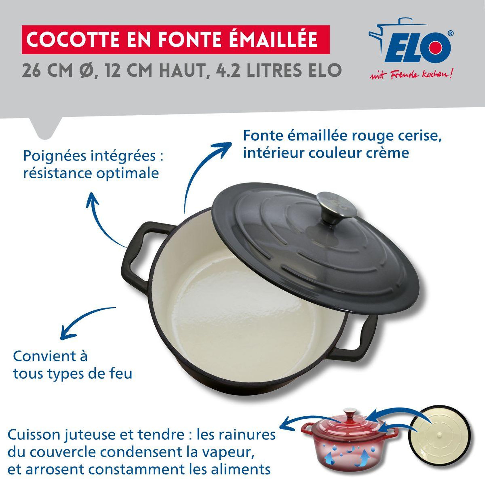 Voir la diapositive 3 : ELO Cocotte 26 cm en fonte émaillée gris classique 4.5 l elo