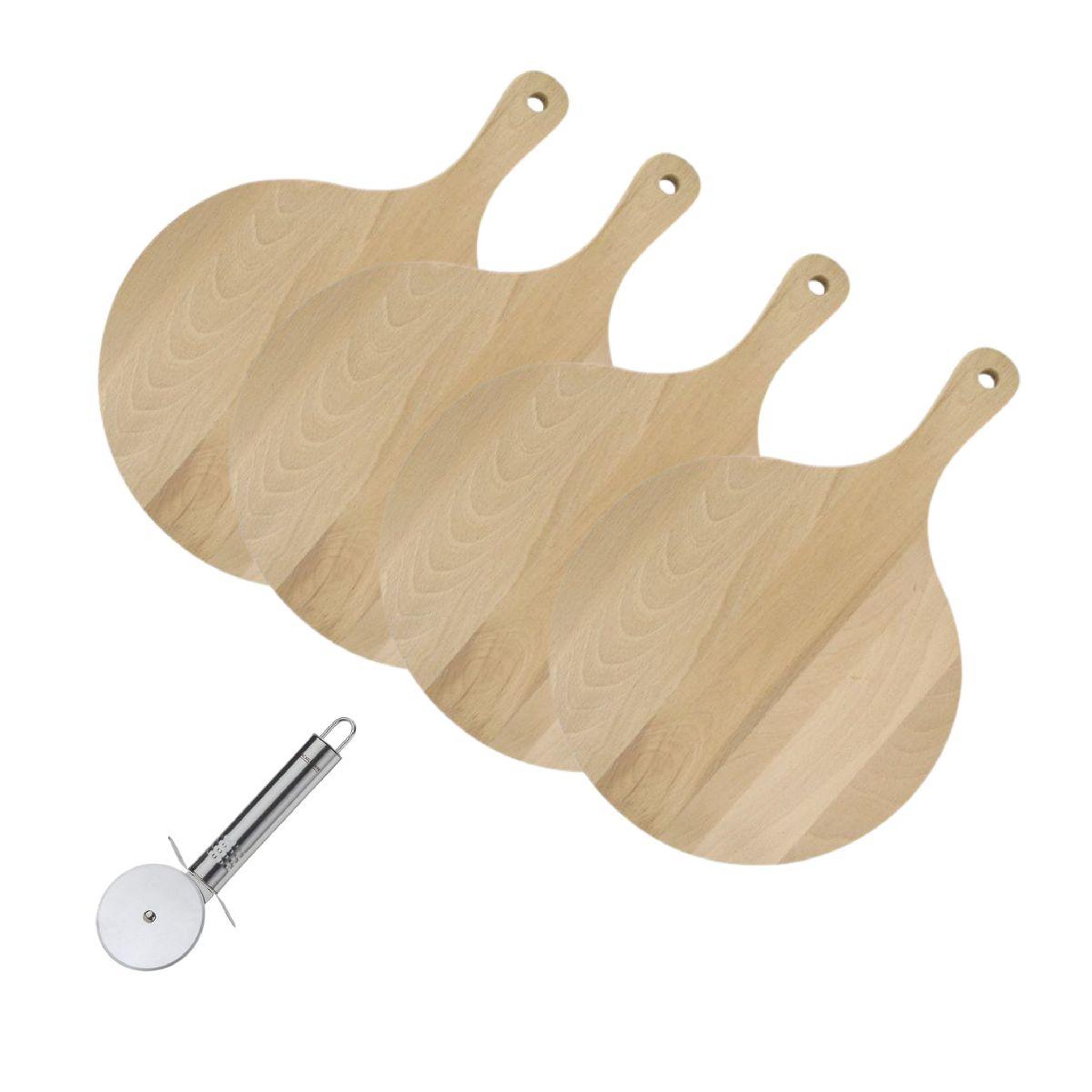 Voir la diapositive 1 : Fackelmann 4 planches à pizza et tarte flambée en bois 30 cm et roulette à pizza en inox fackelmann