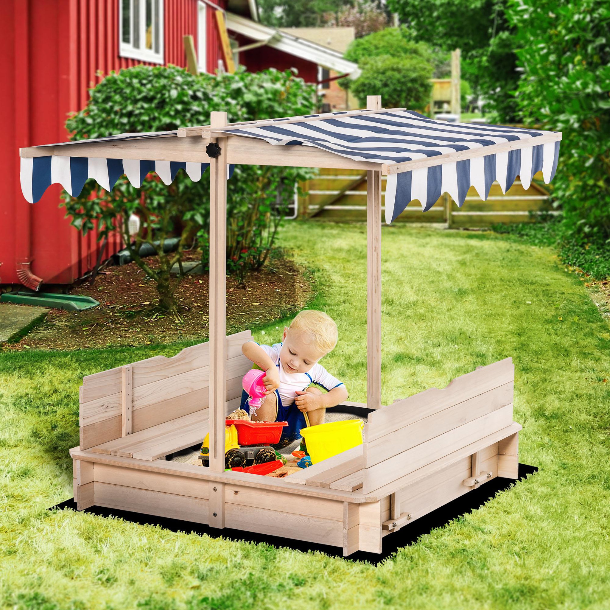 Voir la diapositive 2 : OUTSUNNY Bac à sable carré en bois pour enfant dim. 106L x 106l cm avec bancs et couvercle - auvent réglable