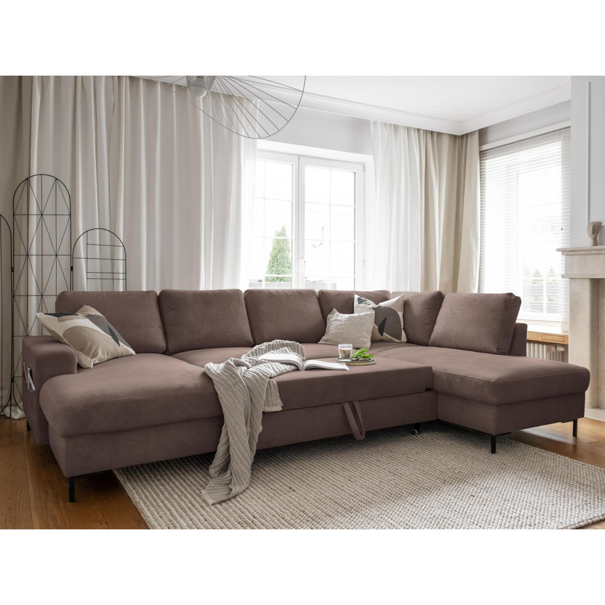 BEST MOBILIER Lilly - canapé panoramique d'angle droit - 7 places - convertible avec coffre - en velours côtelé