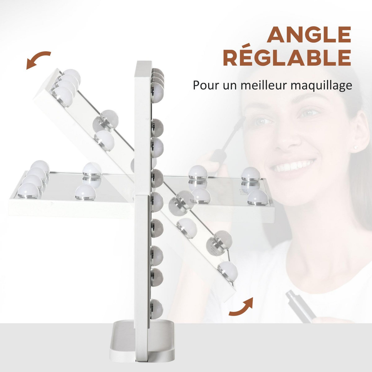 HOMCOM Miroir maquillage Hollywood lumineux LED tactile - 3 modes éclairage, inclinable, adaptateur - métal blanc verre