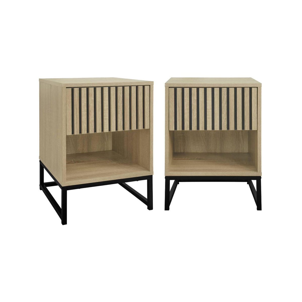 SWEEEK Lot de 2 tables de chevet style contemporain avec 1 tiroir effet bois rainuré (système d'ouverture par pression) et 1 niche. piètement en métal noir