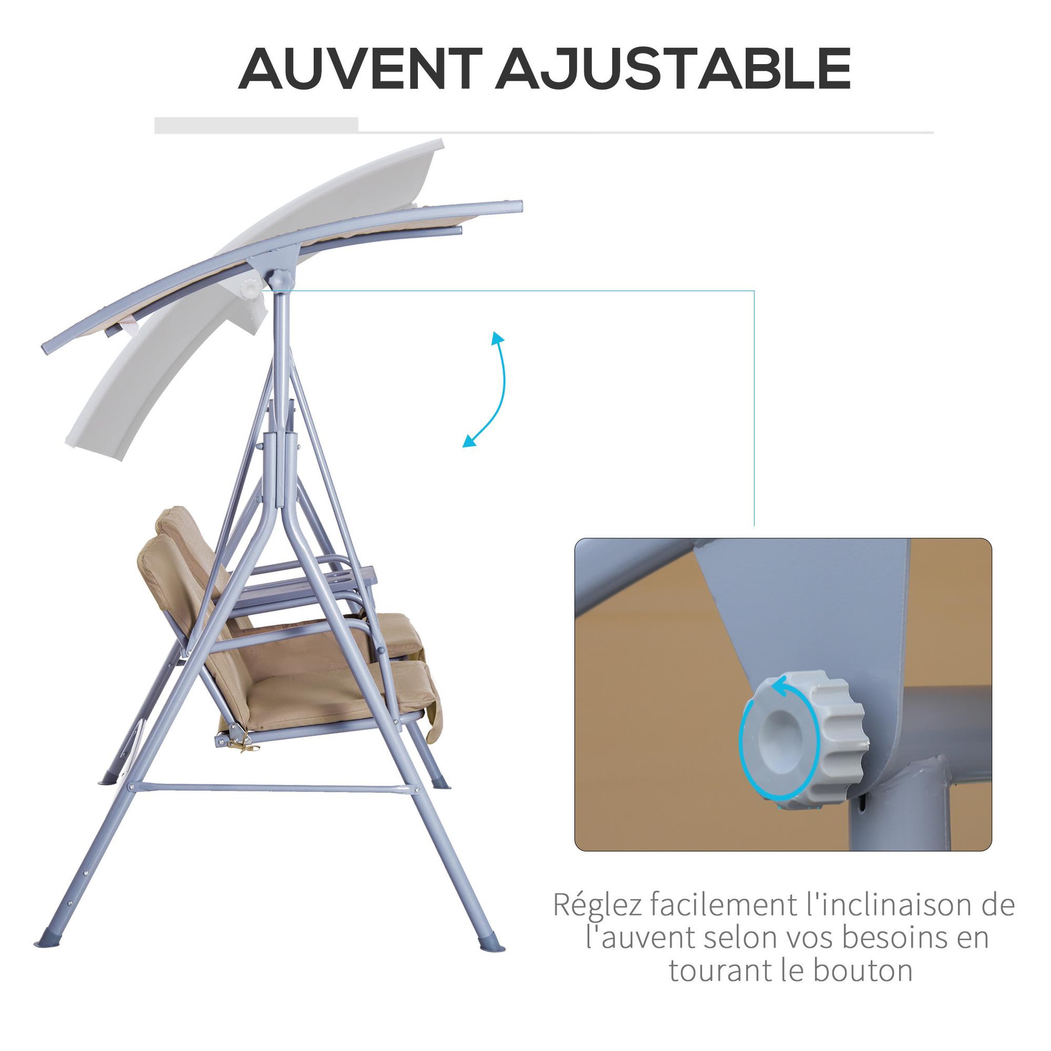 Voir la diapositive 5 : OUTSUNNY Balancelle design de jardin 2 places inclinaison toit réglable tablette rétractable rangement acier gris clair beige