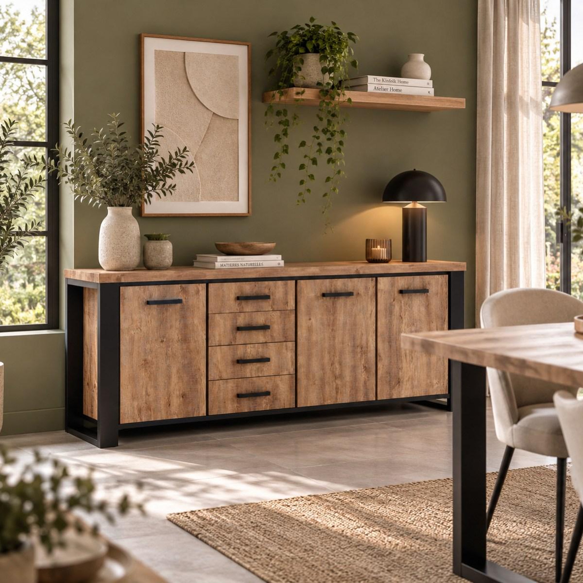 Voir la diapositive 2 : JLC KREATION Buffet bas 3 portes et tiroirs coloris bois naturel eleonore