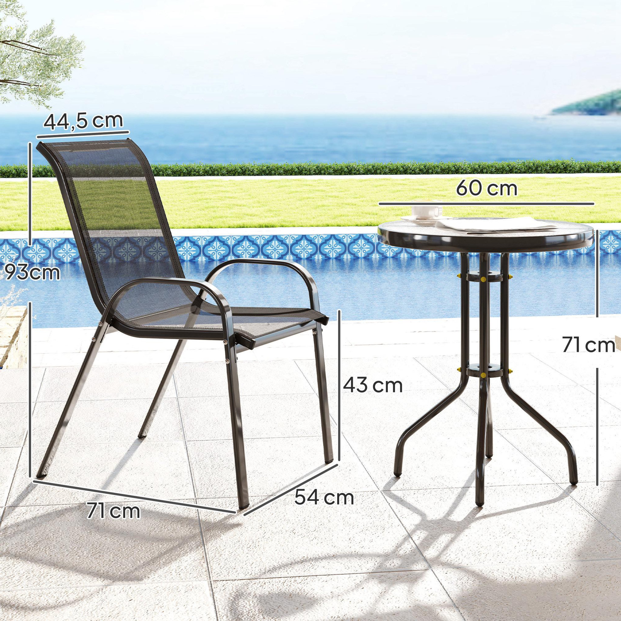 Voir la diapositive 3 : OUTSUNNY Ensemble bistro de jardin 3 pièces - 2 chaises, table ronde plateau verre - acier textilène noir
