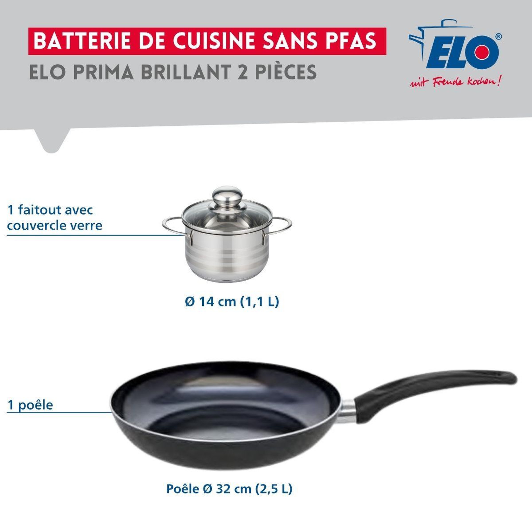 Voir la diapositive 2 : ELO Ensemble de 1 poêle de cuisson 32 cm et 1 faitout 14 cm elo prima brillant